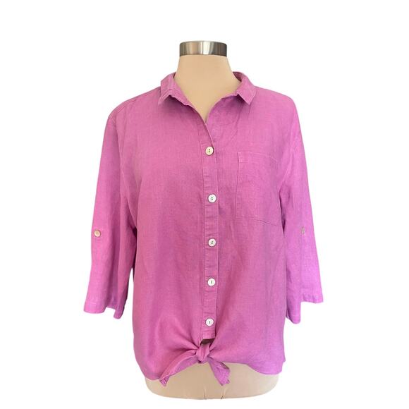 John Mark Pink 100% Linen Button Down Shirt Tie Front Size XL Roll Tab Sleeves - Picture 2 of 10